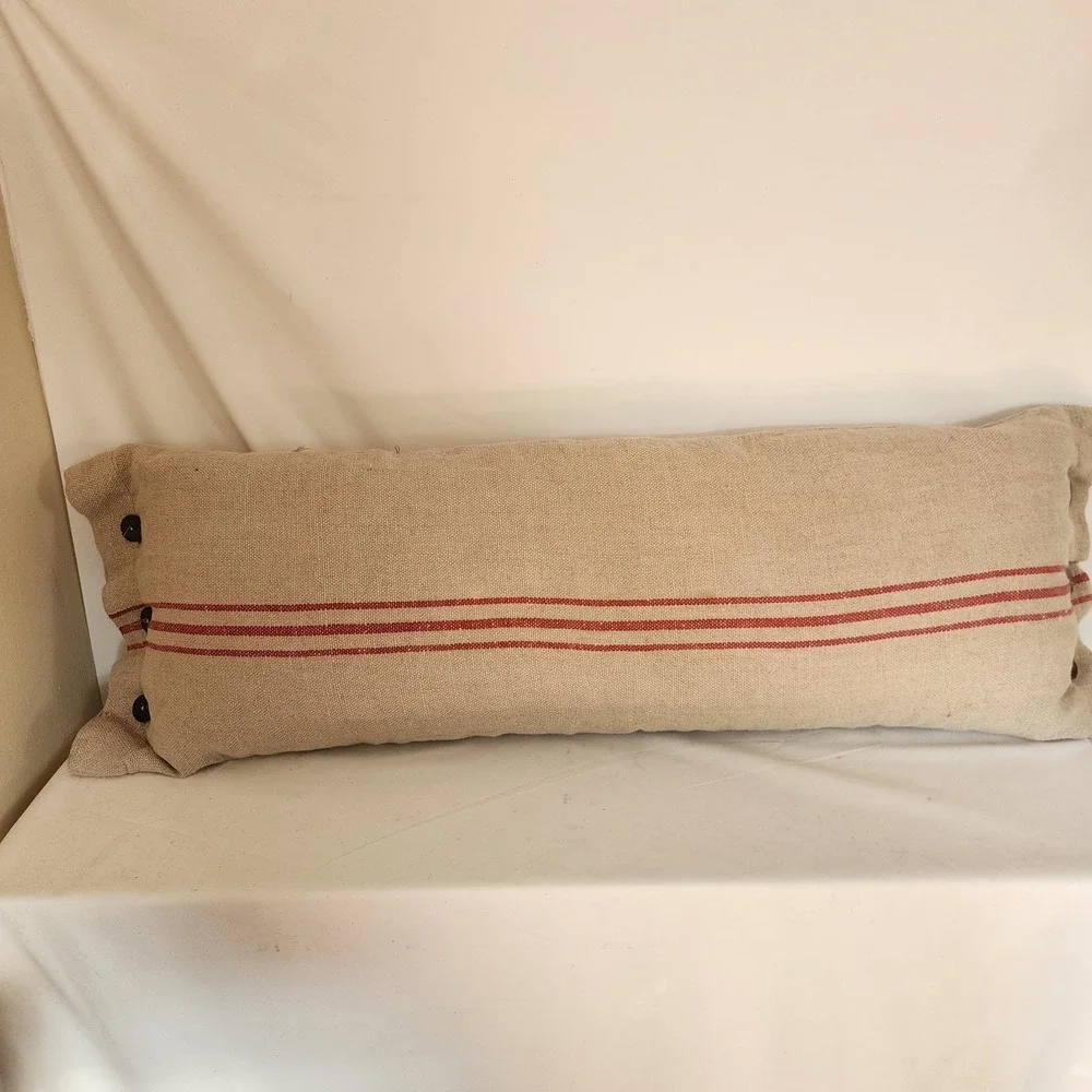 POTTERY BARN RED STRIPE LINEN HEMP FRENCH GRAIN SACK BUTTON PILLOW  16x26
